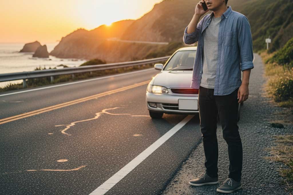 自動車トラブルで電話をしているところ